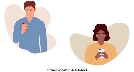 Young man and a woman use a smartphone to communicate. People and gadgets.Flat cartoon vector Illustration.