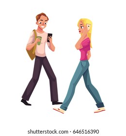 Young man and woman using smartphone, mobile phone on the go, cartoon vector illustration isolated on white background. Full length portrait of man and woman, boy and girl walking with mobile phone