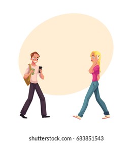 Young man and woman using smartphone, mobile phone on the go, cartoon vector illustration with space for text. Full length portrait of man and woman, boy and girl walking with mobile phone