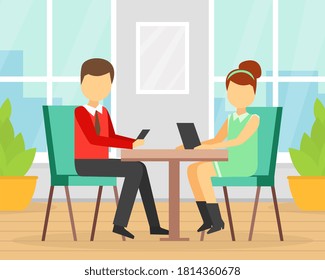 Young Man and Woman Using Smartphones while Sitting at Table in Cafe, Gadget Addiction Concept Cartoon Vector Illustration