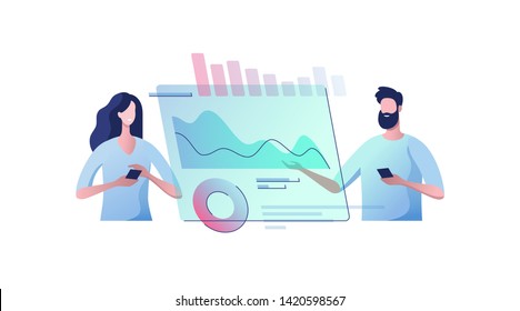 Young man and woman with a virtual monitor. Concept of digital technology. Remote business process management. Vector illustration.