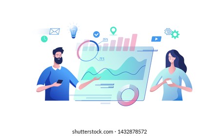 Young man and woman with a virtual monitor. Concept of digital technology. Remote business process management. Vector illustration.