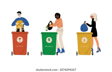 Young Man and Woman Volunteer Collecting Trash in Bags Cleaning Environment Vector Set