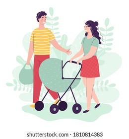Young man and woman are walking with a baby in a stroller. Happy parents, family. People Talking Smile Flat Cartoon Vector Illustration