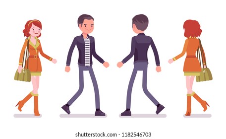 Young man and woman walking. Caucasian millennial boy and attractive red-haired girl wearing city clothing and accessories. Vector flat style cartoon illustration, front and rear view