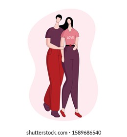 Young man and woman walking. Couple in love hugging. Romantic date. Vector Cartoon vector linear illustration