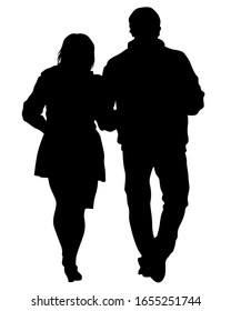 Young man and woman walking down the street. Isolated silhouette on a white background