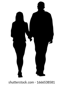 Young man and woman walking down the street. Isolated silhouette on a white background