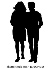 Young man and woman walking down the street. Isolated silhouette on a white background