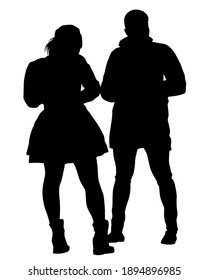 Young man and woman walking down the street. Isolated silhouette on a white background