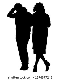 Young man and woman walking down the street. Isolated silhouette on a white background