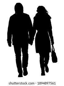 Young man and woman walking down the street. Isolated silhouette on a white background
