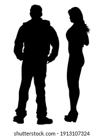 Young man and woman walking down street. Isolated silhouette on a white background