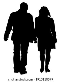 Young man and woman walking down street. Isolated silhouette on a white background