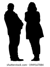 Young man and woman walking down the street. Isolated silhouette on a white background
