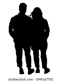 Young man and woman walking down the street. Isolated silhouette on a white background