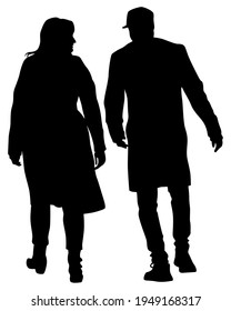 Joven hombre y mujer caminando por la calle. Silueta aislada sobre fondo blanco