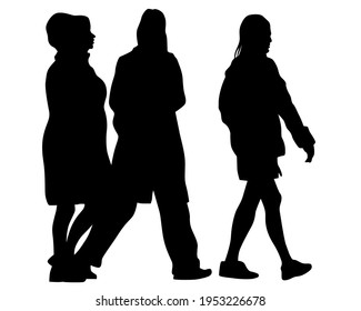 Young man and woman walking down the street. Isolated silhouette on a white background