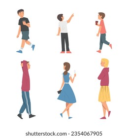 Young Man and Woman Walking with Drink and Ice Cream Vector Illustration Set