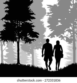 A young man and woman walking in the forest. Vector illustration