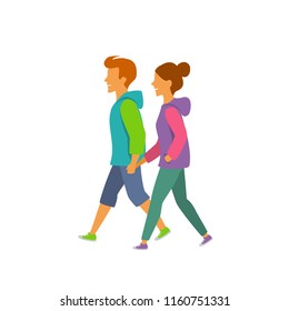 young man and woman walking holding hands side view vector illustration