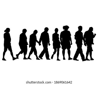 Young man and woman walking on street. Isolated silhouette on a white background