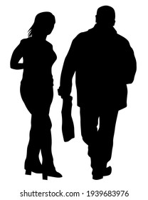 Young man and woman walking on street. Isolated silhouette on a white background