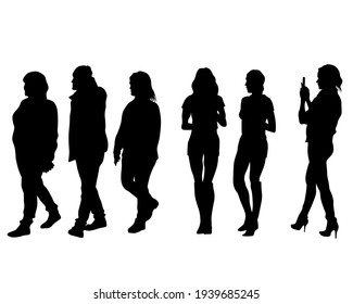 Young man and woman walking on street. Isolated silhouette on a white background