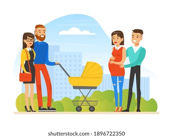 Young Man and Woman Walking Outdoor Pushing Baby Carriage Meeting Pregnant Family Vector Illustration