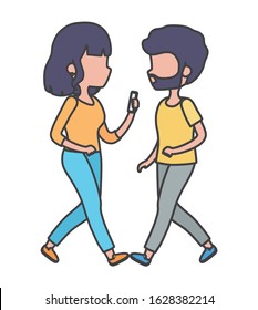 young man and woman walking with smartphone vector illustration