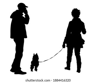 Young man and woman walking at street whit dog. Isolated silhouette on a white background