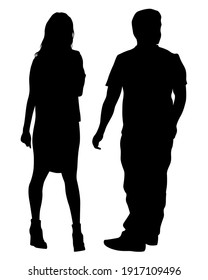 Young man and woman walking at street. Isolated silhouette on a white background