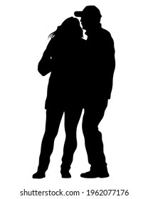 Young man and woman walking at street. Isolated silhouette on a white background