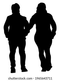 Young man and woman walking at street. Isolated silhouette on a white background