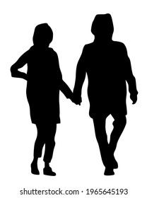 Young man and woman walking at street. Isolated silhouette on a white background