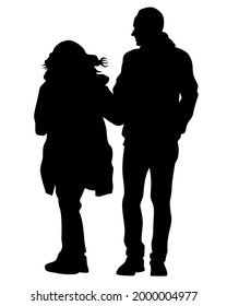 Young man and woman walking at street. Isolated silhouette on a white background