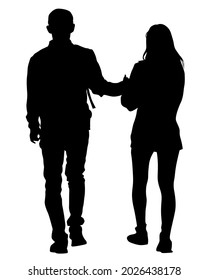 Young man and woman walking at street. Isolated silhouette on a white background