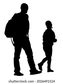 Young man and woman walking at street. Isolated silhouette on a white background