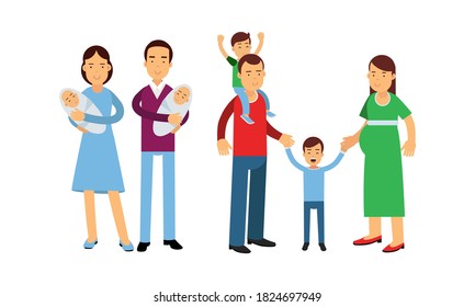 Young Man and Woman Walking with Their Kids Vector Illustration Set