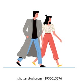 Young man and woman walking together on the street. People in fashionable clothes are walking. Isolated on white background