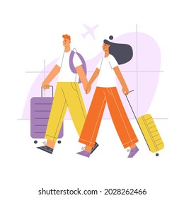 Young man and woman walking together with suitcases at the airport. Air traveling concept cartoon vector illustration. 