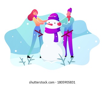 Young Man and Woman in Warm Clothing Making Snowman on Snowy Landscape Background. Winter Time Outdoor Activity. Characters Playing on Christmas Holidays Vacation. Cartoon People Vector Illustration