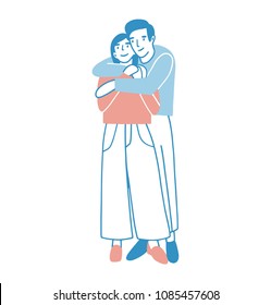 Young man and woman warmly hugging or cuddling. Boy standing behind girl and embracing her. Cute male and female cartoon characters in love. Romantic couple on date. Colored vector illustration