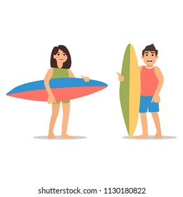 Young man and woman wave riders professionals in summer beach outfit, enjoying seaside vacations, water sport, tanned skin, surfing. Vector flat style cartoon illustration, isolated, white background