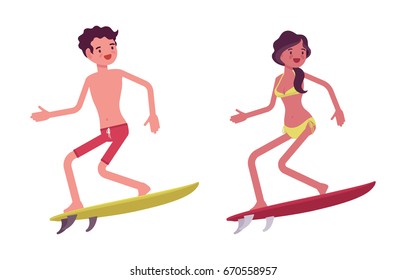 Young man, woman wave riders professionals in summer beach outfit, enjoying water sport competitions, tanned skin, surfing lessons . Vector flat style cartoon illustration, isolated, white background