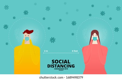 Young man and young woman wear mask to protect from COVID-19 coronavirus outbreak spreading. Keep the 2 meter (6 feet) distance. Social distancing text at the bottom. Flat design vector illustration.