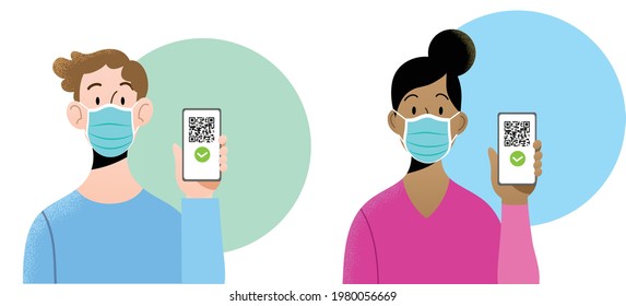 Young man and woman wearing blue surgical masks holding smartphone with QR code on screen. Concept of digital sanitary pass, European Green Pass, digital vaccine passport. Certificate of vaccination.