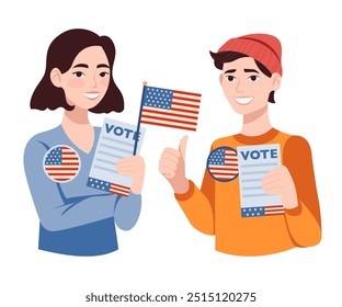 Hombre y mujer jóvenes con Botón de campaña, con papeleta de voto y bandera estadounidense. El macho da el pulgar hacia arriba. Personajes de dibujos animados sobre fondo blanco. Pareja americana. Concepto electoral. Ilustración vectorial.