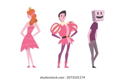 Young Man and Woman Wearing Costume of Prince and Princess Disguised in Masquerade Outfit Vector Set