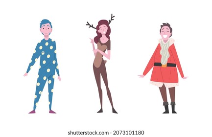 Young Man And Woman Wearing Costume Of Santa Claus And Deer Disguised In Masquerade Outfit Vector Set